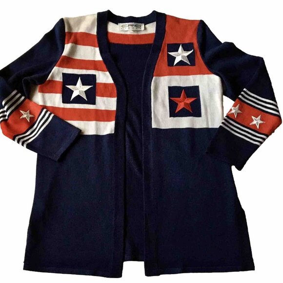 Vintage Eric‎ Steven Red White Blue Stars Stripes Cardigan Woman’s Size 6 - Picture 8 of 8
